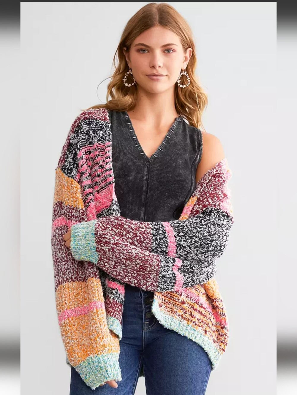 &Merci Womens Fuzzy Multicolor Open-Front Cardigan
